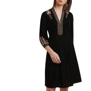 Label Ritu Kumar Black Micro Velvet V Neck Hungarian Embroidered Dress - S NWT